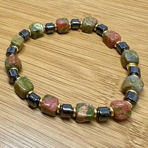 Unakite & Hematite Brass Beaded Gemstone Stretch Bracelet; Green, Pink, Gray